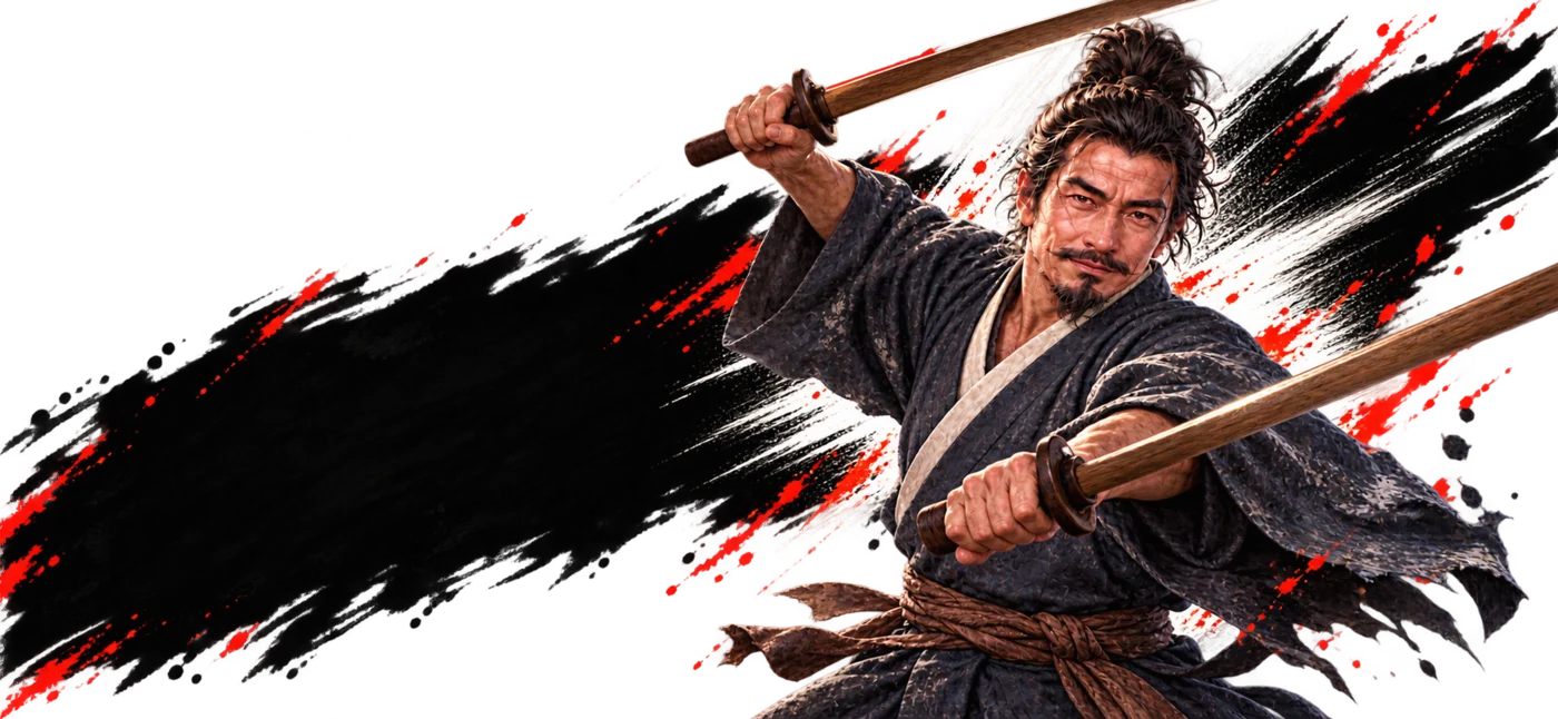 Musashi swinging two swords